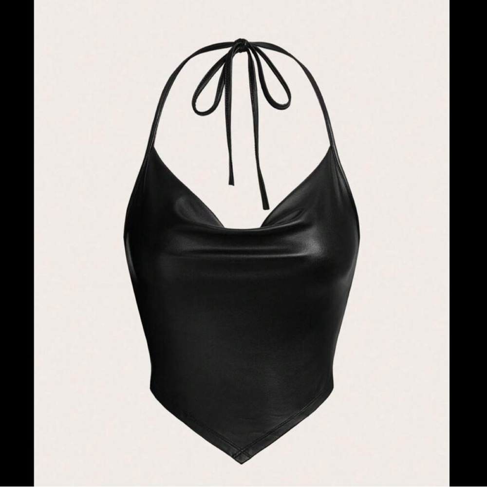 Draped Front Tie Backless Halter Top Faux Leather Size Lg New